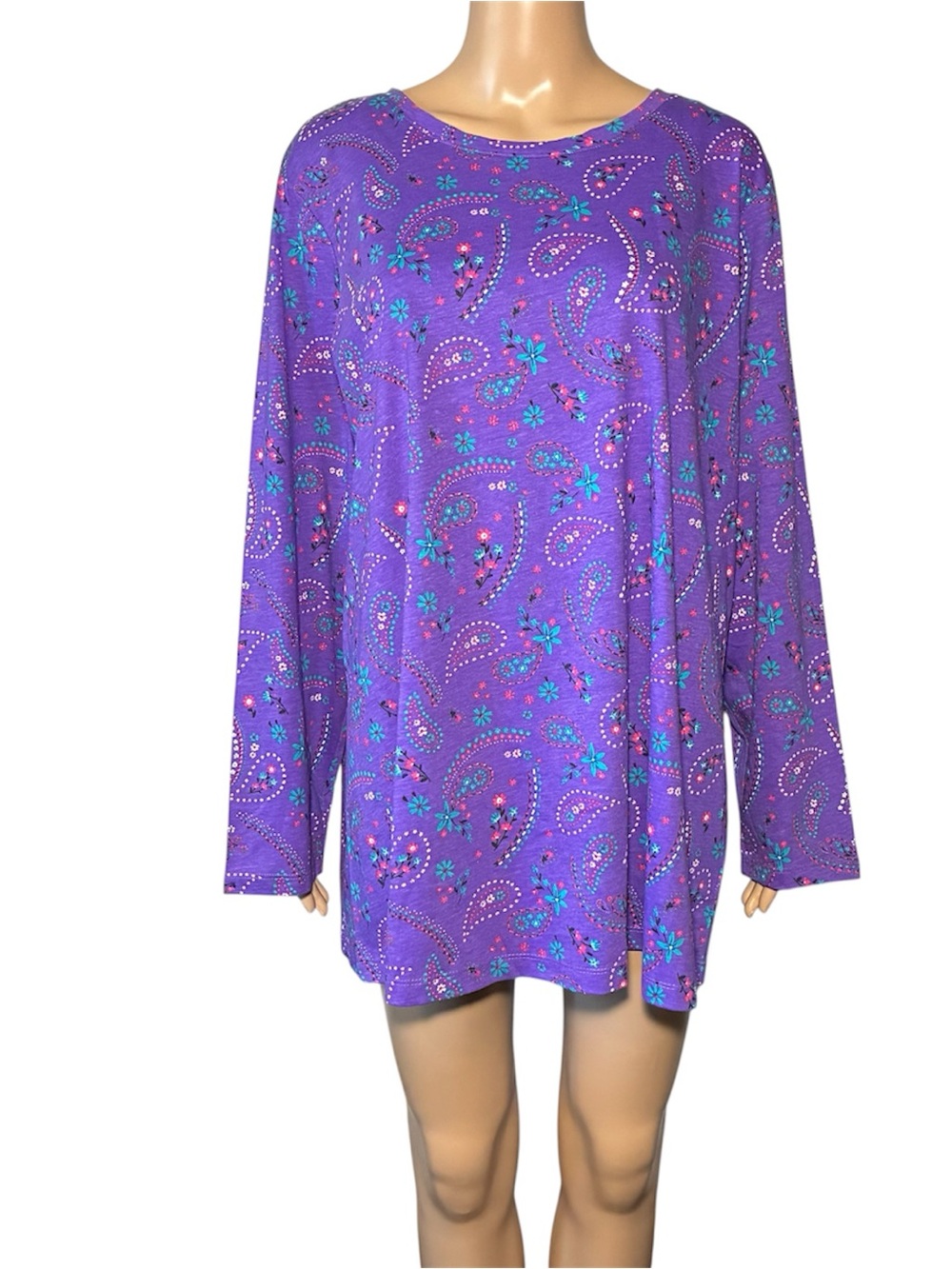 Woman Within Blouse 1X Purple Paisley Floral Tunic Long Sleeve Cotton Blend Top
